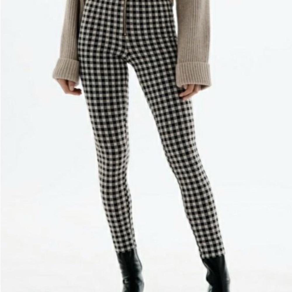 Zara Gingham Black & Tan Plaid Skinny Pants Front Zipper Size L Elastic Waist
